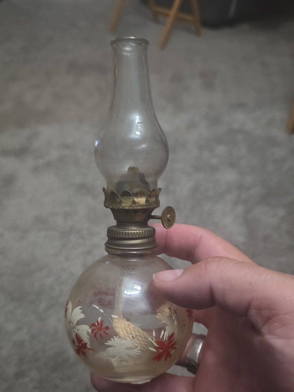 Vintage Glass Hurricane Oil Lamp with Hand- Painted White and Red Floral Design